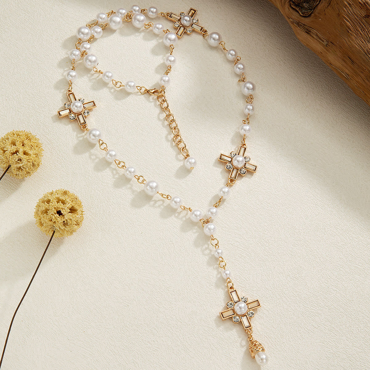 Elegant Cross Rosary Necklace with Gold-Tone Details and White Beads