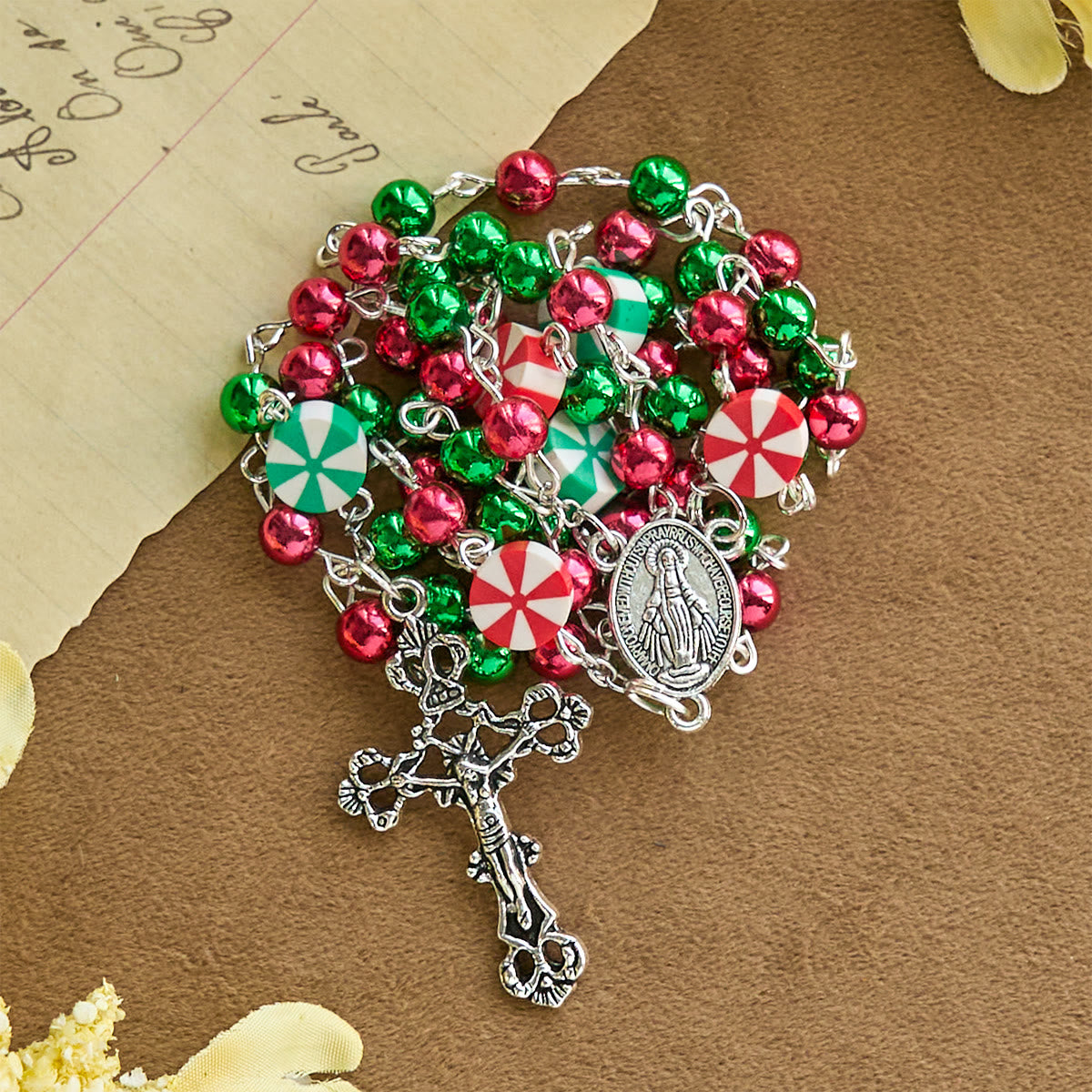 Festive Christmas Rosary with Red and Green Candy-Shaped Beads