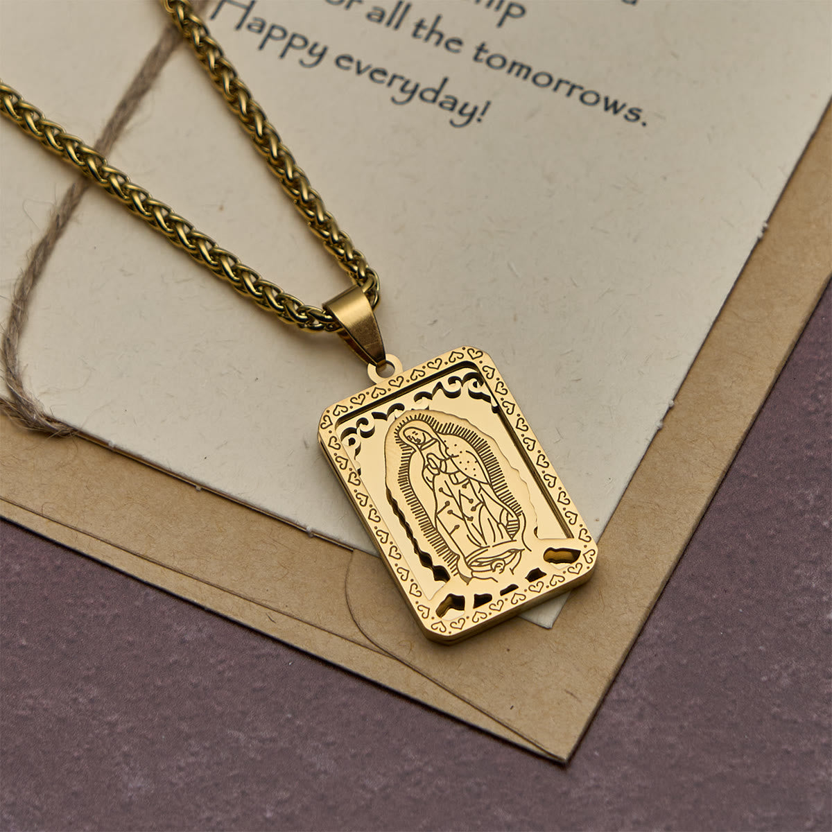 Our Lady of Guadalupe Pendant Necklace with Heart-Edged Charm