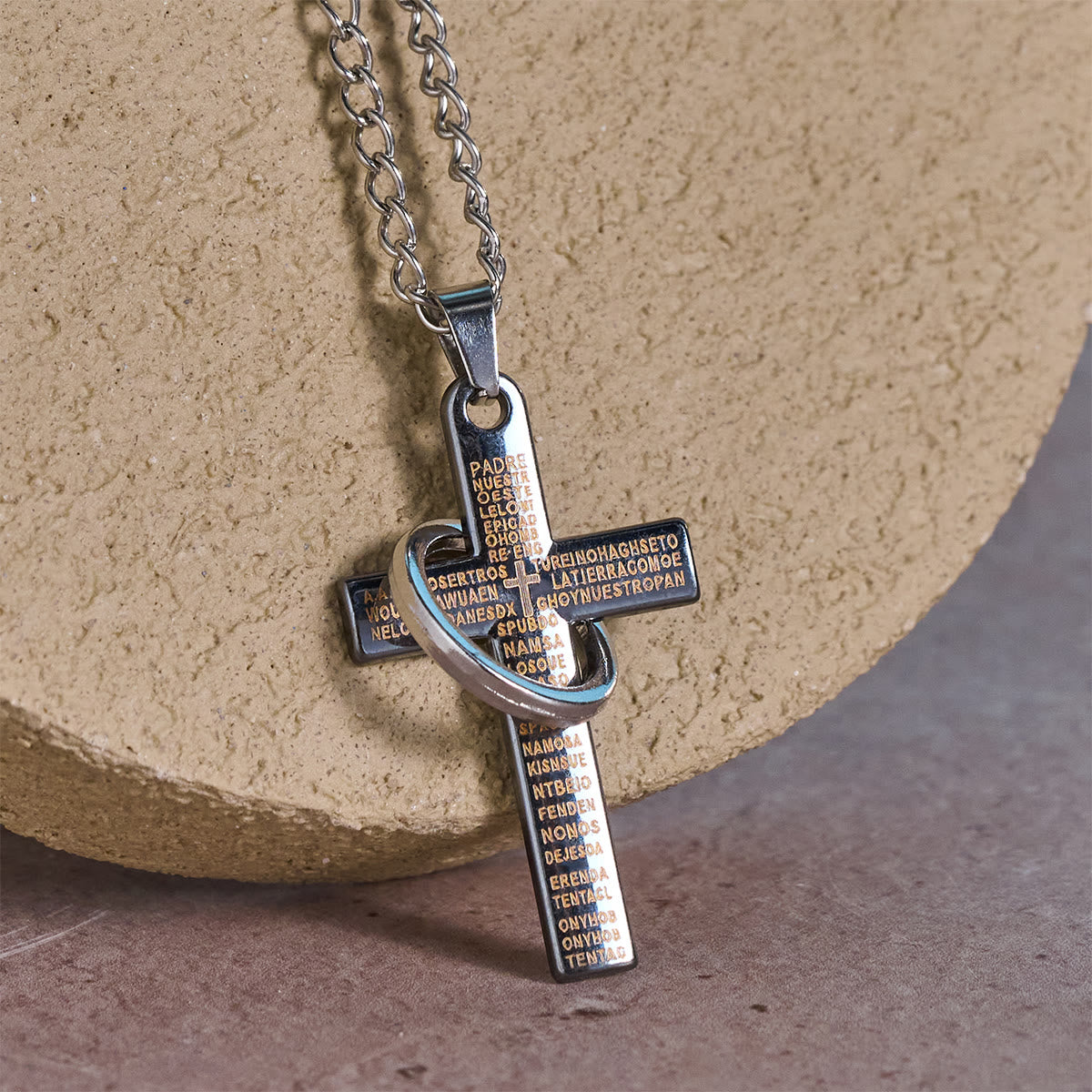 Lord's Prayer Interlocking Ring Cross Pendant Necklace