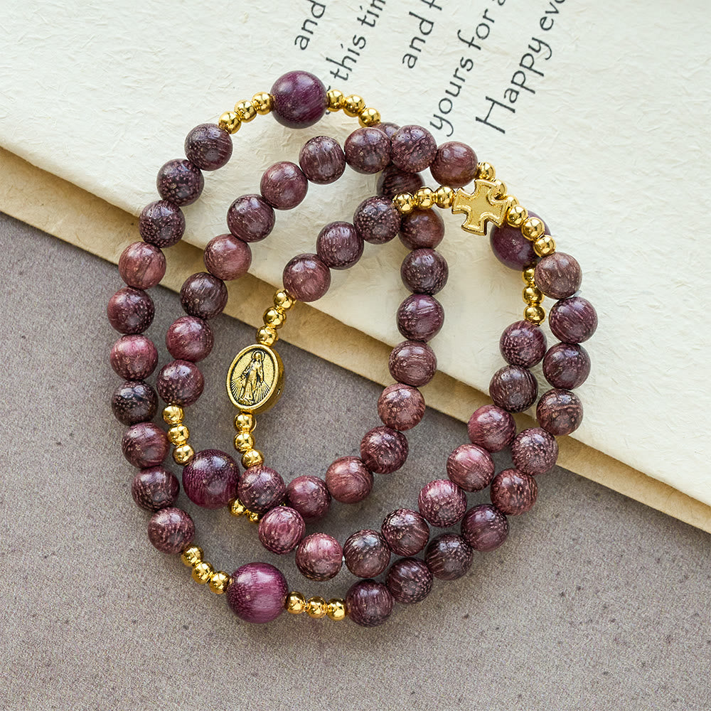 Perilla Wood Multi-Layer Rosary Bracelet with Our Lady Charm