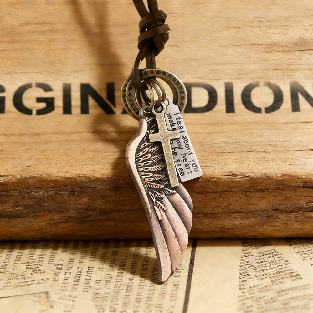 Vintage Angel Wing and Cross Necklace on Leather Cord