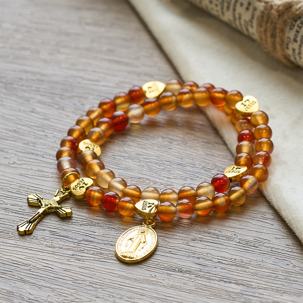 Warm Caramel Rosary Bracelet with JESUS Accent and Our Lady Medal
