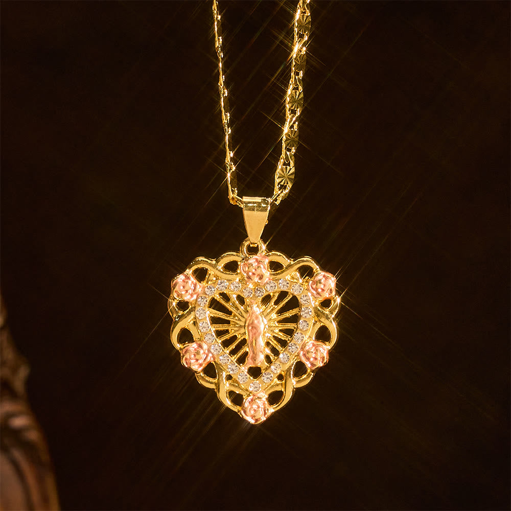 Openwork Our Lady Heart Necklace with Rose Accent
