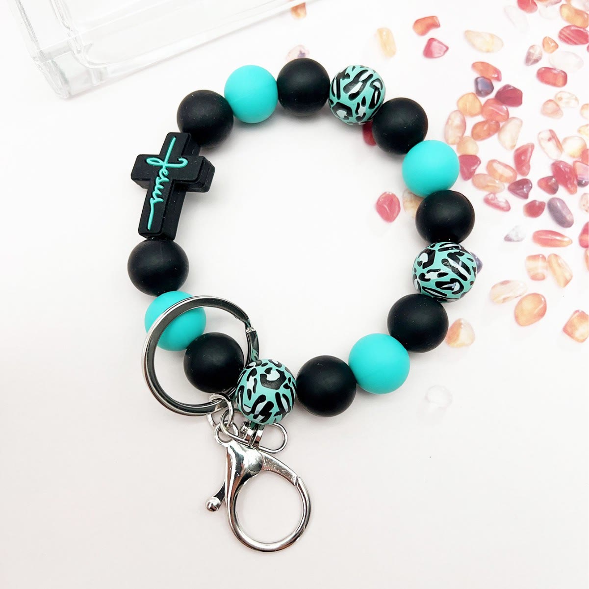 Rosary Keychain with Silicone Cross Charm and Leopard-Print Wooden Beads