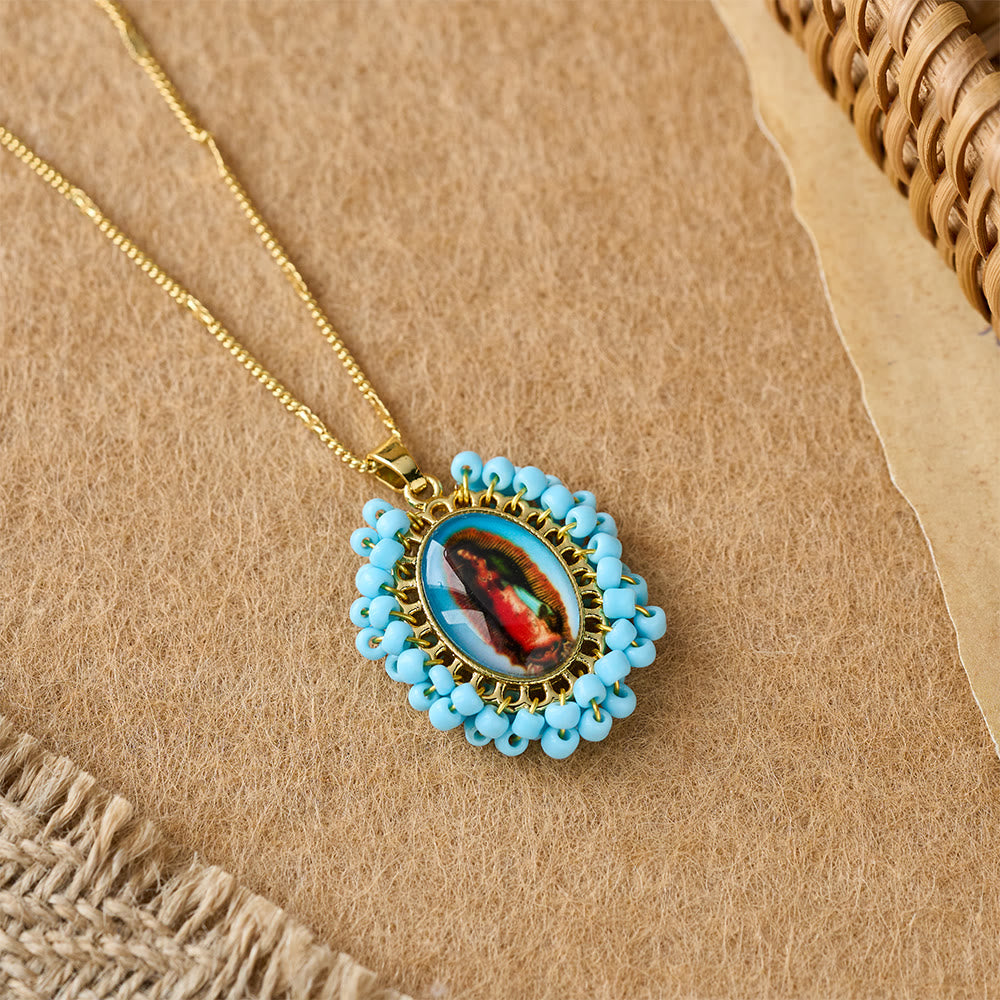 Marian Icon Beaded Oval Pendant Necklace