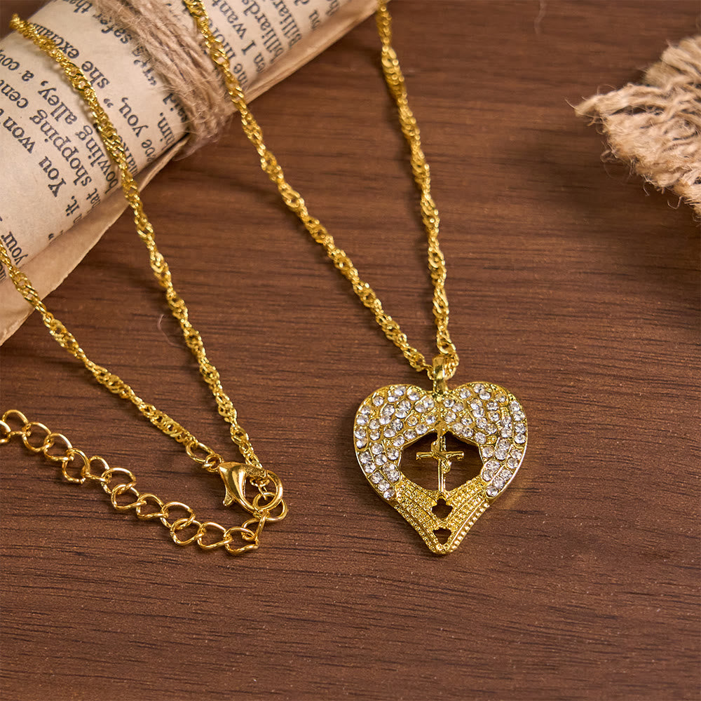 Zircon-Encrusted Heart Cross Necklace with Angel Wings