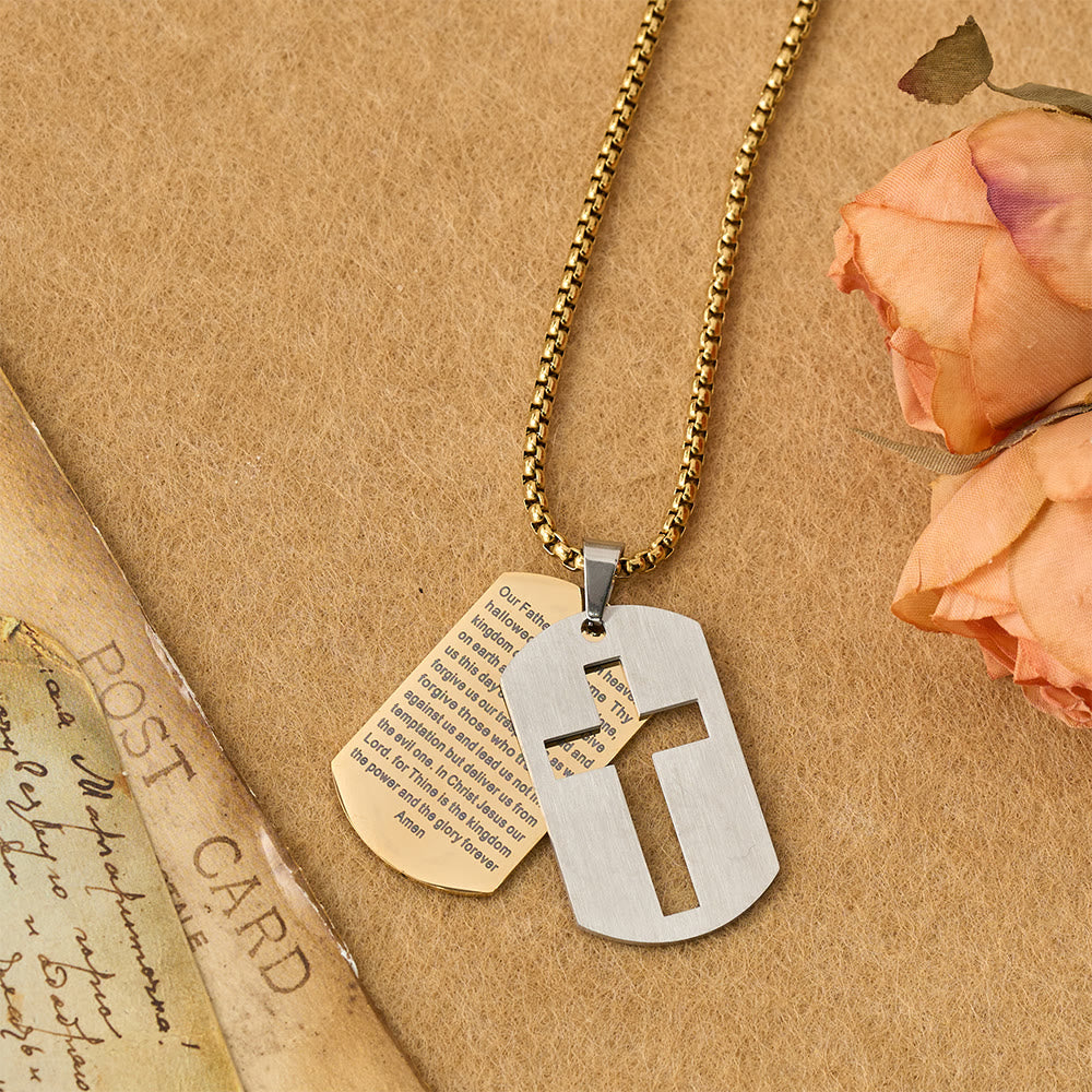 Lord's Prayer Cross Dog Tag Pendant Necklace