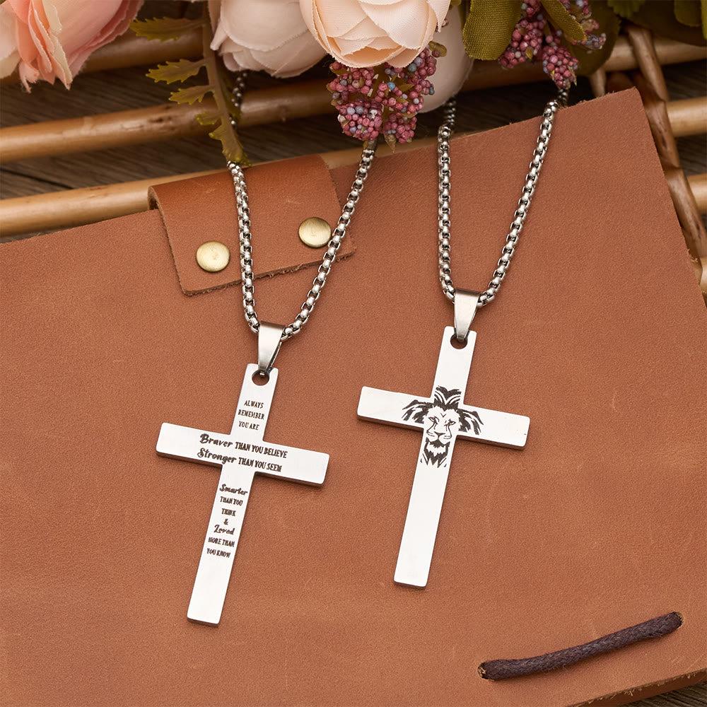 Dual-Sided Lion Cross Pendant Necklace with Engraving