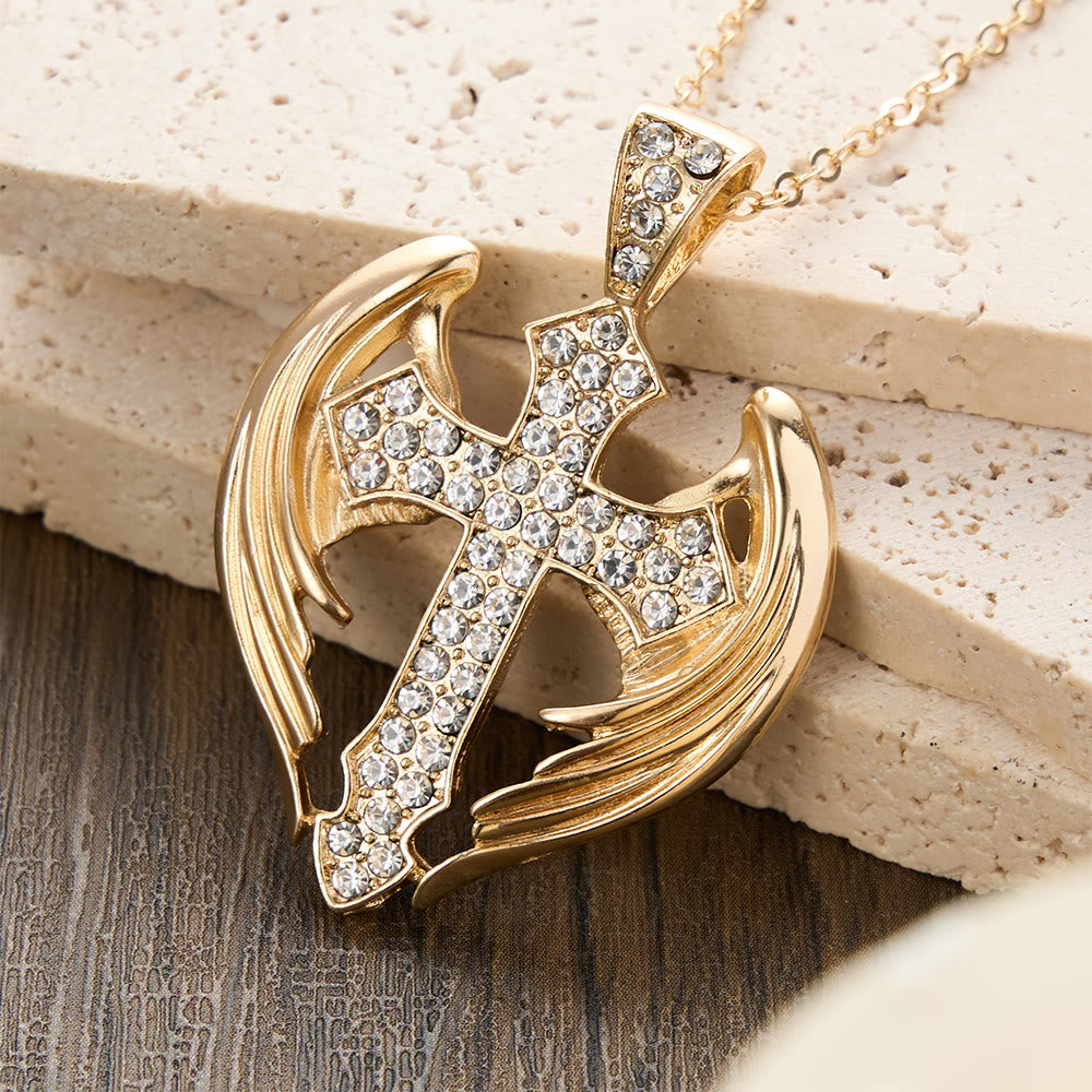 Gold-Tone Angel Wing Cross Pendant Necklace with Zircon Stones