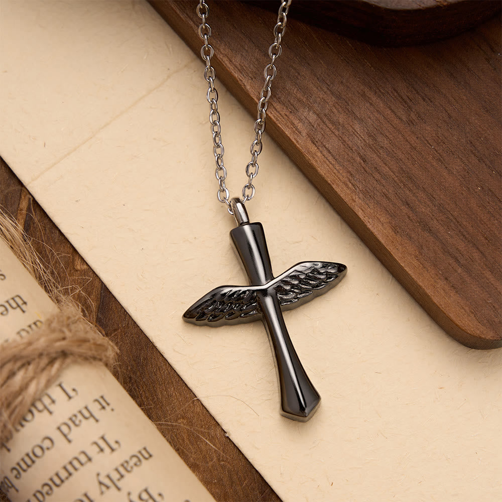 Textured Angel Wing Cross Pendant Necklace in Three Finishes