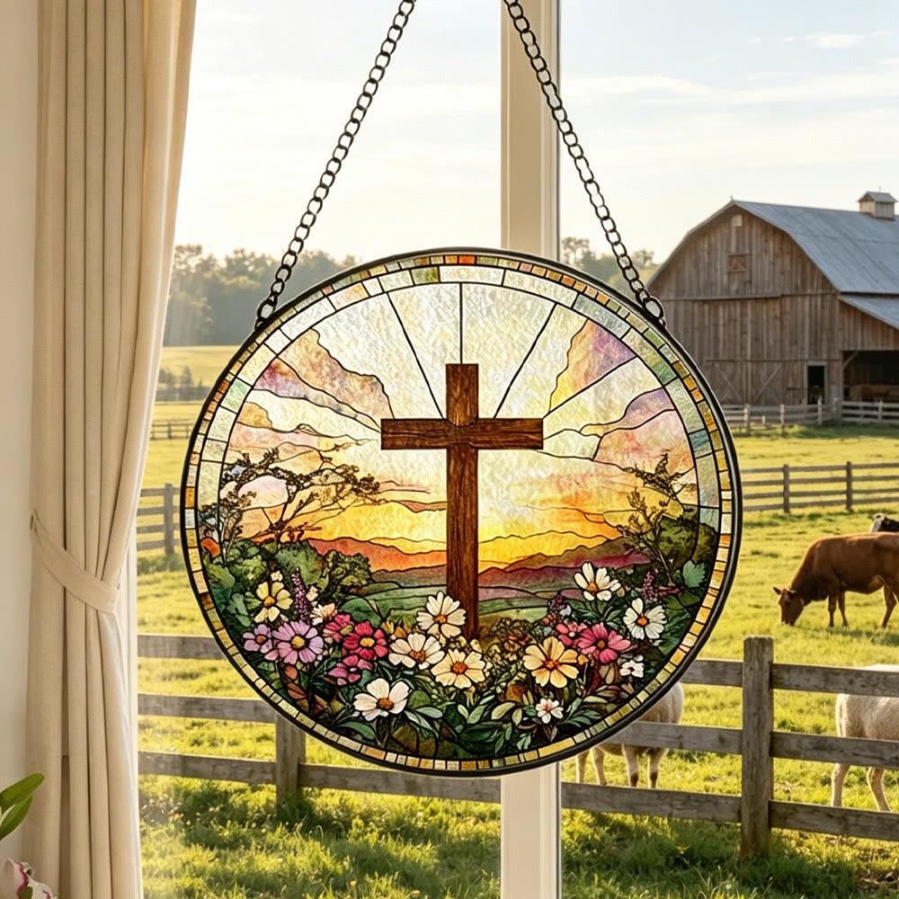 Round Stained Glass Cross Sunset Floral Suncatcher Window Hanging