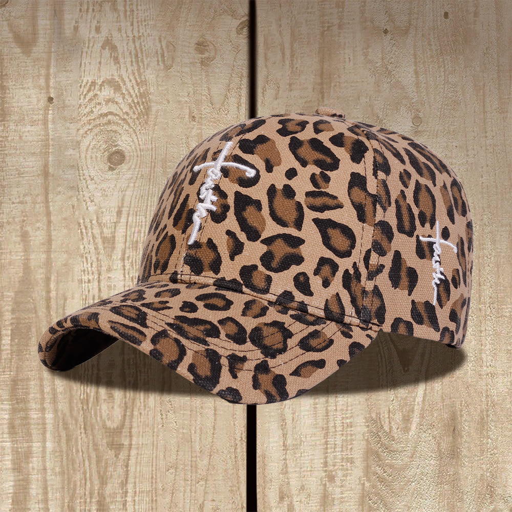 Faith Cursive Cross Embroidery Leopard Print Washed Baseball Cap