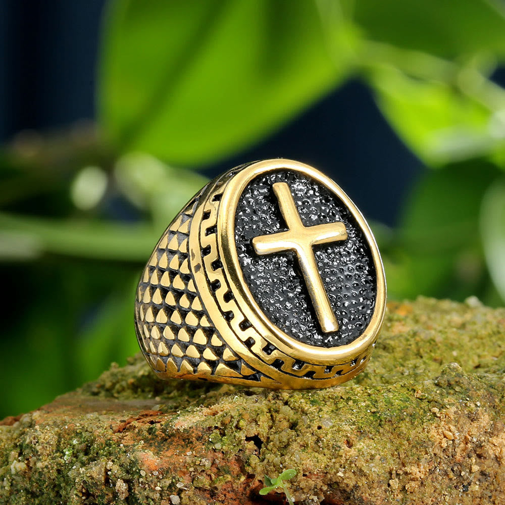 Oval Plaque Raised Cross Textured Side Signet Ring