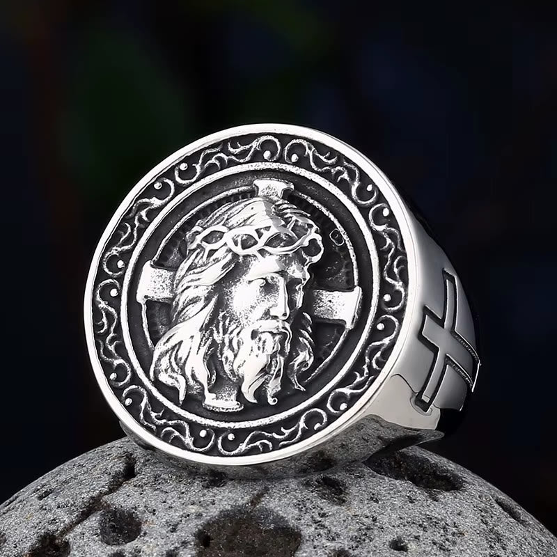 Round Plaque Crown of Thorns Jesus Scroll Border Signet Ring