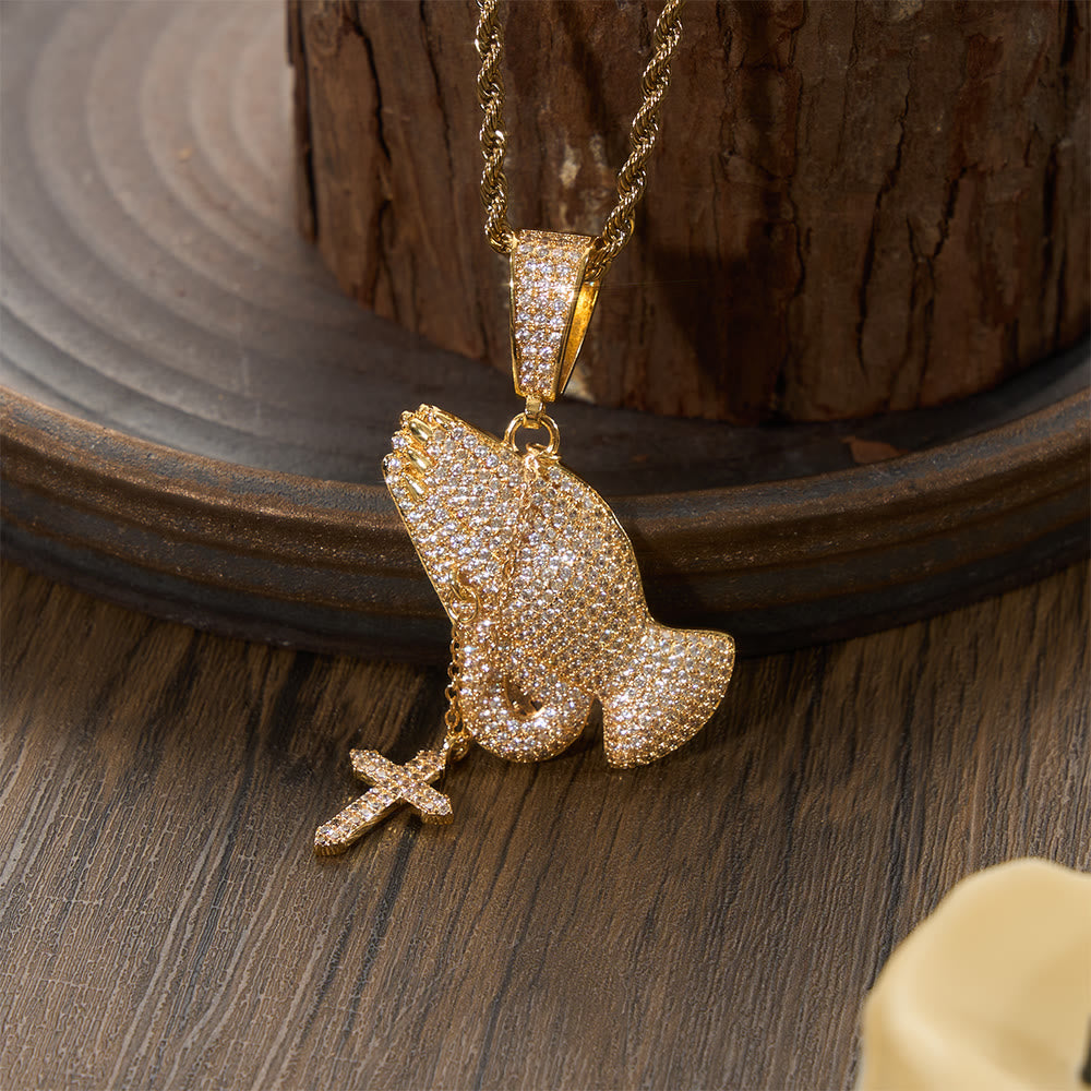 Full Pave Praying Hands Pendant with Hanging Cross Necklace