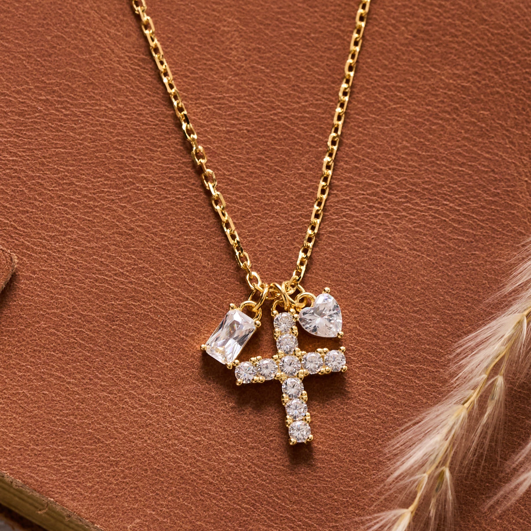 Round Stone Cross with Heart and Rectangle Accent Cable Chain Sterling Silver Necklace