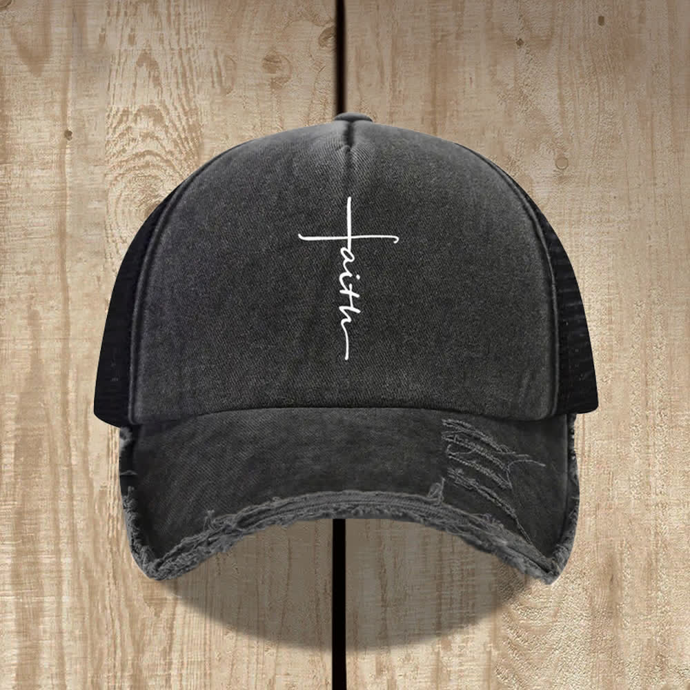 Distressed Faith Cross Cursive Letter Print Hat