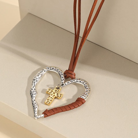 Alloy Heart Cross Pendant Necklace - Brown