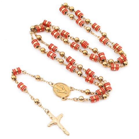 Red Rubber Ring & Gold Beads Cross Rosary - Red